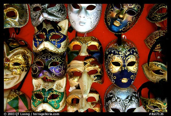 Close-up of traditional carnival masks, Burano. Venice, Veneto, Italy