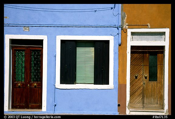 Doors, window, multicolored houses, Burano. Venice, Veneto, Italy