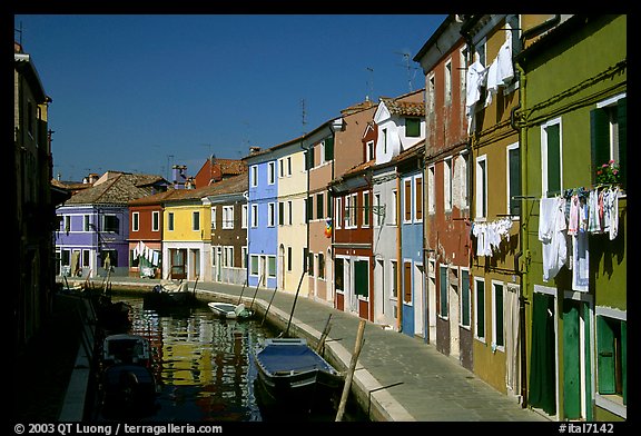 Canal lined with multihued houses, Burano. Venice, Veneto, Italy (color)