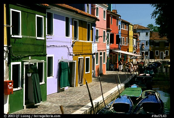 Canal bordered by multicolored  houses, Burano. Venice, Veneto, Italy (color)