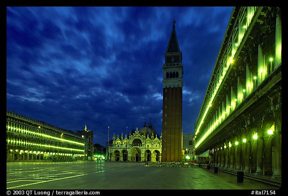 Campanile and Piazza San Marco (Square Saint Mark) at night. Venice, Veneto, Italy (color)
