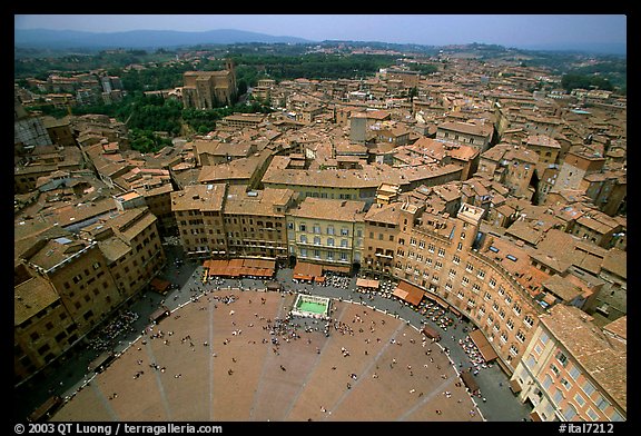 Piazza Del Campo and houses seen from Torre del Mangia. Siena, Tuscany, Italy