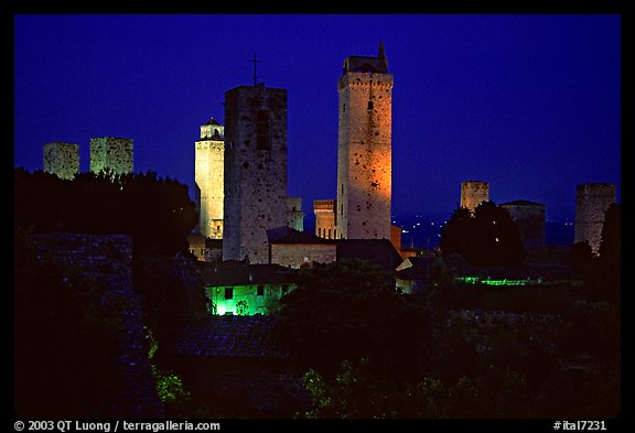 Medieval towers seen from the Rocca at night. San Gimignano, Tuscany, Italy (color)