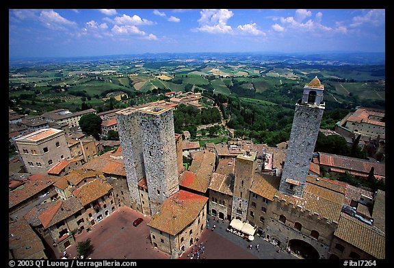 Plazza and towers  seen from Torre Grossa. San Gimignano, Tuscany, Italy
