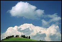 Fluffy clouds above ridge with cypress trees and house. Tuscany, Italy ( color)