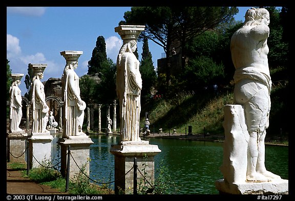 Antique statues along the Canopus, Villa Hadriana. Tivoli, Lazio, Italy