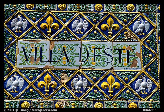 Ceramic sign at the entrance of Villa d'Este. Tivoli, Lazio, Italy (color)