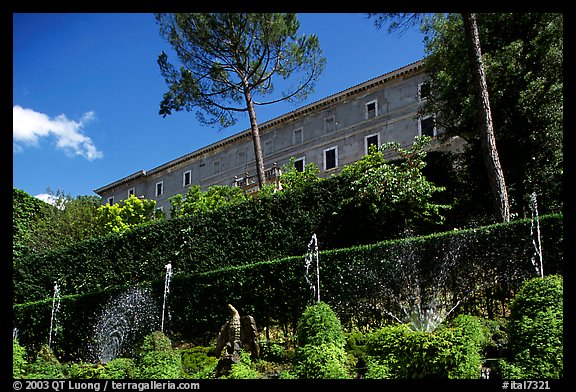 The Villa d'Este seen from the lower terraces of the garden. Tivoli, Lazio, Italy (color)