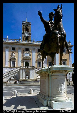 Equestrian status of Marcus Aurelius in front of the Palazzo Senatorio. Rome, Lazio, Italy (color)