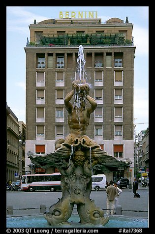 Tritone Fountain and hotel Bernini. Rome, Lazio, Italy (color)