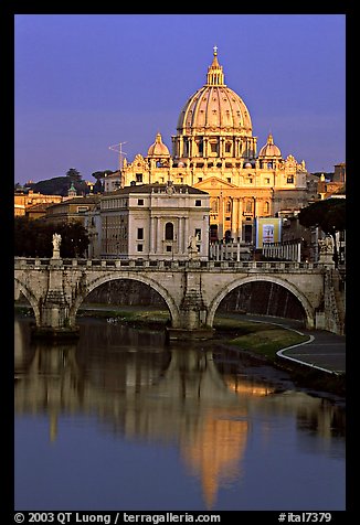 Bridge and Basilic Saint Peter reflected in Tiber River, sunrise. Vatican City (color)