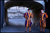 Swiss guards in blue, red, orange and yellow  Renaissance uniform. Vatican City