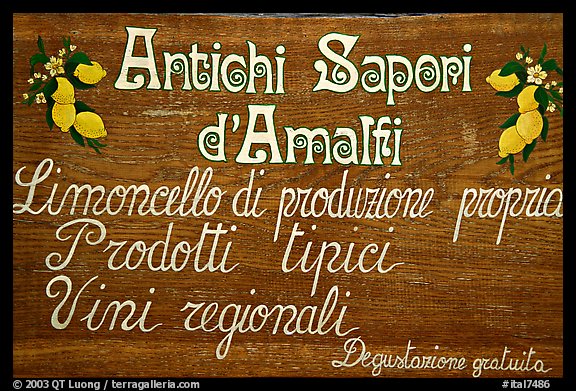 Sign advertising Lemoncelo, the local lemon-based liquor, Amalfi. Amalfi Coast, Campania, Italy