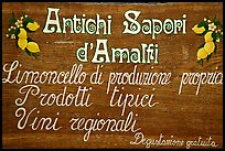 Sign advertising Lemoncelo, the local lemon-based liquor, Amalfi. Amalfi Coast, Campania, Italy
