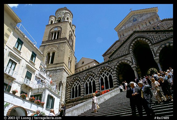 Flight of stairs and ornate Duomo Sant'Andrea, Amalfi. Amalfi Coast, Campania, Italy (color)