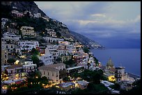 Positano lights coming up at dusk. Amalfi Coast, Campania, Italy (color)
