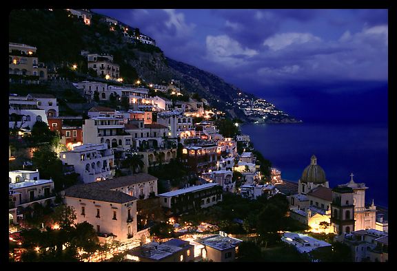 Positano and Mediterranean before nightfall. Amalfi Coast, Campania, Italy
