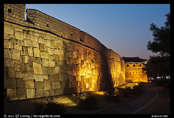 Outside Suwon Hwaseong Fortress wall at dusk. South Korea (color)