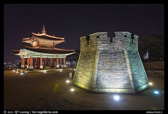 Crossbow tower and command post at night,  city lights, Suwon. South Korea (color)