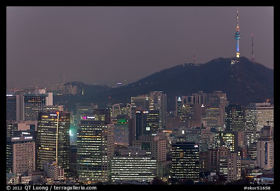 City skyline and Namsan hill at night. Seoul, South Korea