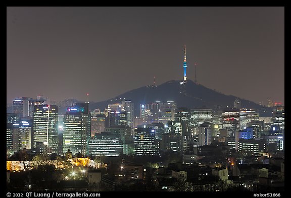 Seoul skyline with N Seoul Tower at night. Seoul, South Korea (color)