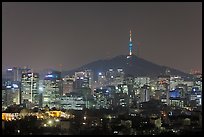 Seoul skyline with N Seoul Tower at night. Seoul, South Korea (color)