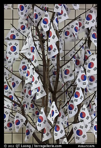 Sappling decorated with Korean flags. Seoul, South Korea