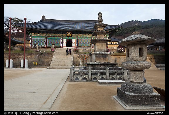 Three-story stone pagoda and main hall, Haeinsa Temple. South Korea (color)