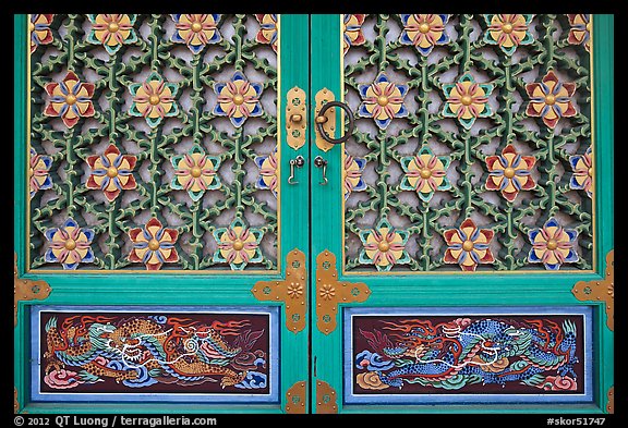 Intricate door decor, Haeinsa Temple. South Korea