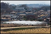 Fields, greenhouses, and village. Hahoe Folk Village, South Korea (color)