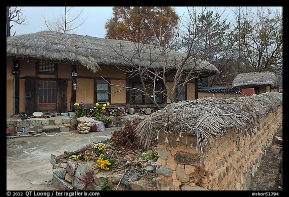 House and fence with straw roofing. Hahoe Folk Village, South Korea