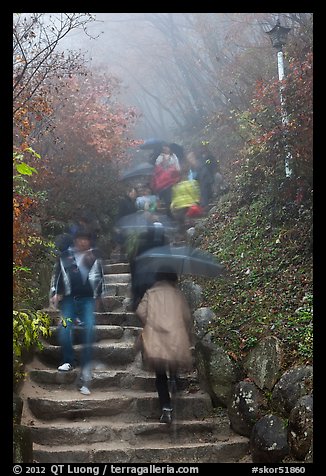 Blurred tourists on rainy day, Seokguram. Gyeongju, South Korea