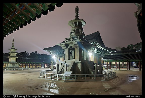 Main courtyard with pagodas by night, Bulguk-sa. Gyeongju, South Korea