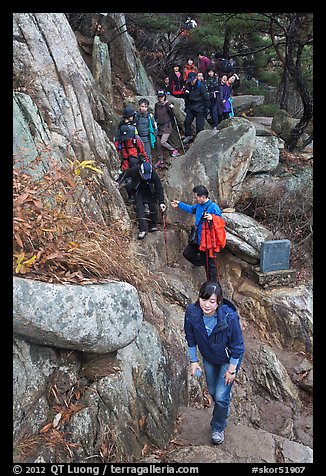 Hikers on trail, Mt Namsan. Gyeongju, South Korea