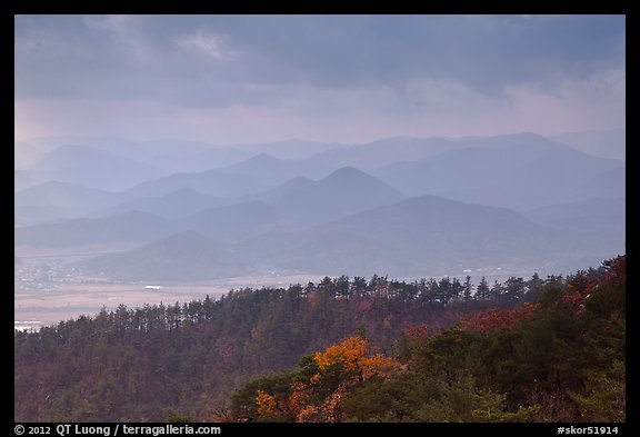 Forest slopes and distant misty hills, Mt Namsan. Gyeongju, South Korea