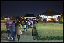 Crowd visiting Anapji Pond at night. Gyeongju, South Korea (color)