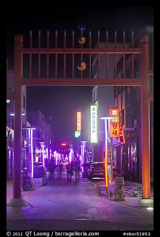 Gate and street with lights at night. Gyeongju, South Korea (color)