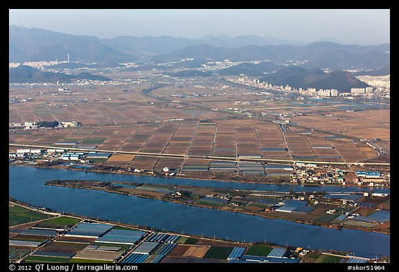 Aerial view of fileds and high rises, Busan. South Korea (color)