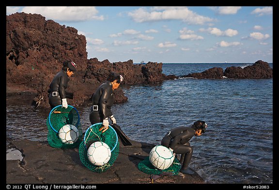 Old Haeneyo women preparing for dive. Jeju Island, South Korea