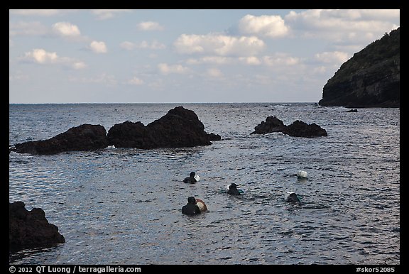 Haeneyo women swimming in cove. Jeju Island, South Korea