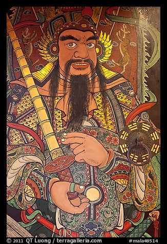 Guardian painting on door, Hock Tik Cheng Sin Temple. George Town, Penang, Malaysia (color)