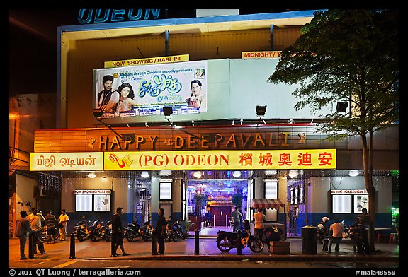 Movie theater showing Bollywood films at night. George Town, Penang, Malaysia