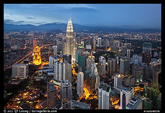 KL skyline with Petronas Towers from above, dusk. Kuala Lumpur, Malaysia (color)