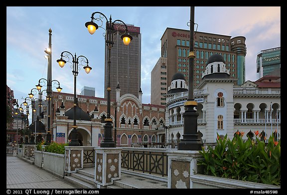 Street lamps and historic buildings at dawn, Merdeka Square. Kuala Lumpur, Malaysia