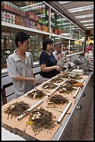 Chinese medicine herbs being packed on counter. Kuala Lumpur, Malaysia ( color)