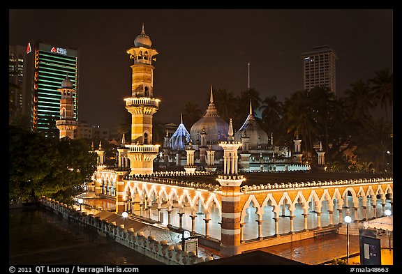 Prayer hall, Masjid Jamek, night. Kuala Lumpur, Malaysia (color)