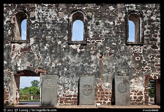 Church walls and tombstones, Bukit St Paul. Malacca City, Malaysia