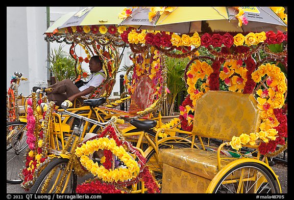 Trishaws decorated with plastic flowers. Malacca City, Malaysia