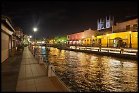 Melaka River at night with St Peters Church towers. Malacca City, Malaysia (color)