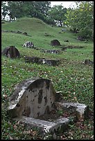 Chinese graves on hillside, Bukit China cemetery. Malacca City, Malaysia (color)